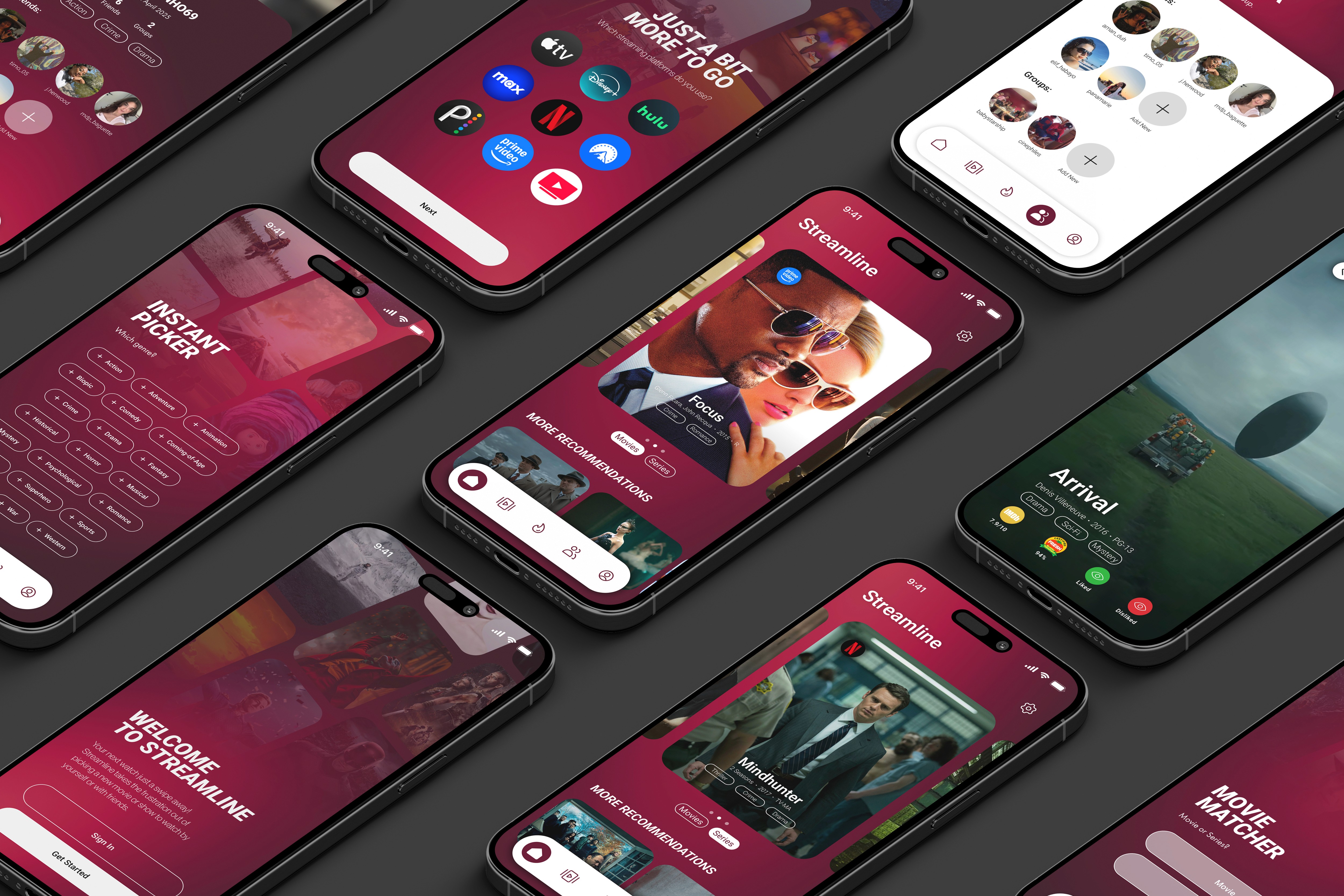 Phone mockups showing different user interfaces on a movie related app