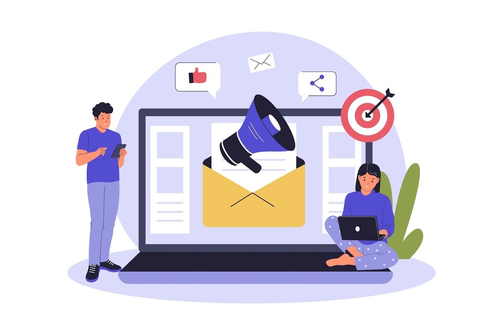 Automated influencer outreach campaign with megaphone, email, and targeted marketing icons