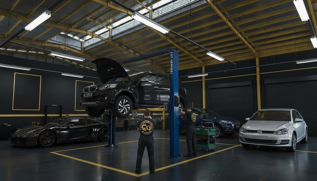 Greasy Nuts Garage workshop with a car on a lift during servicing and MOT preparation