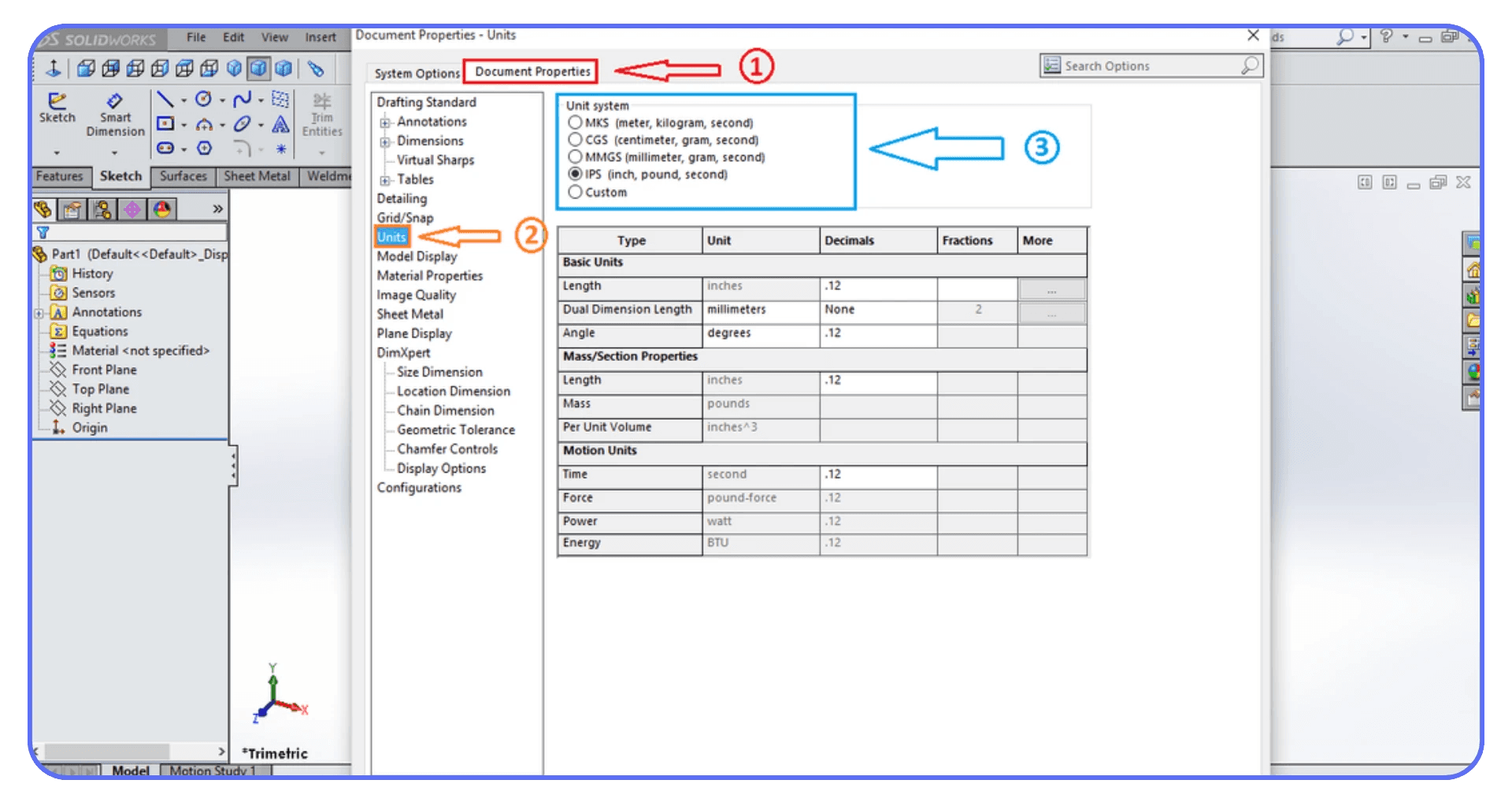 SolidWorks Document Properties window open showing the Units section, with length, angle, and mass unit options displayed alongside the feature tree.