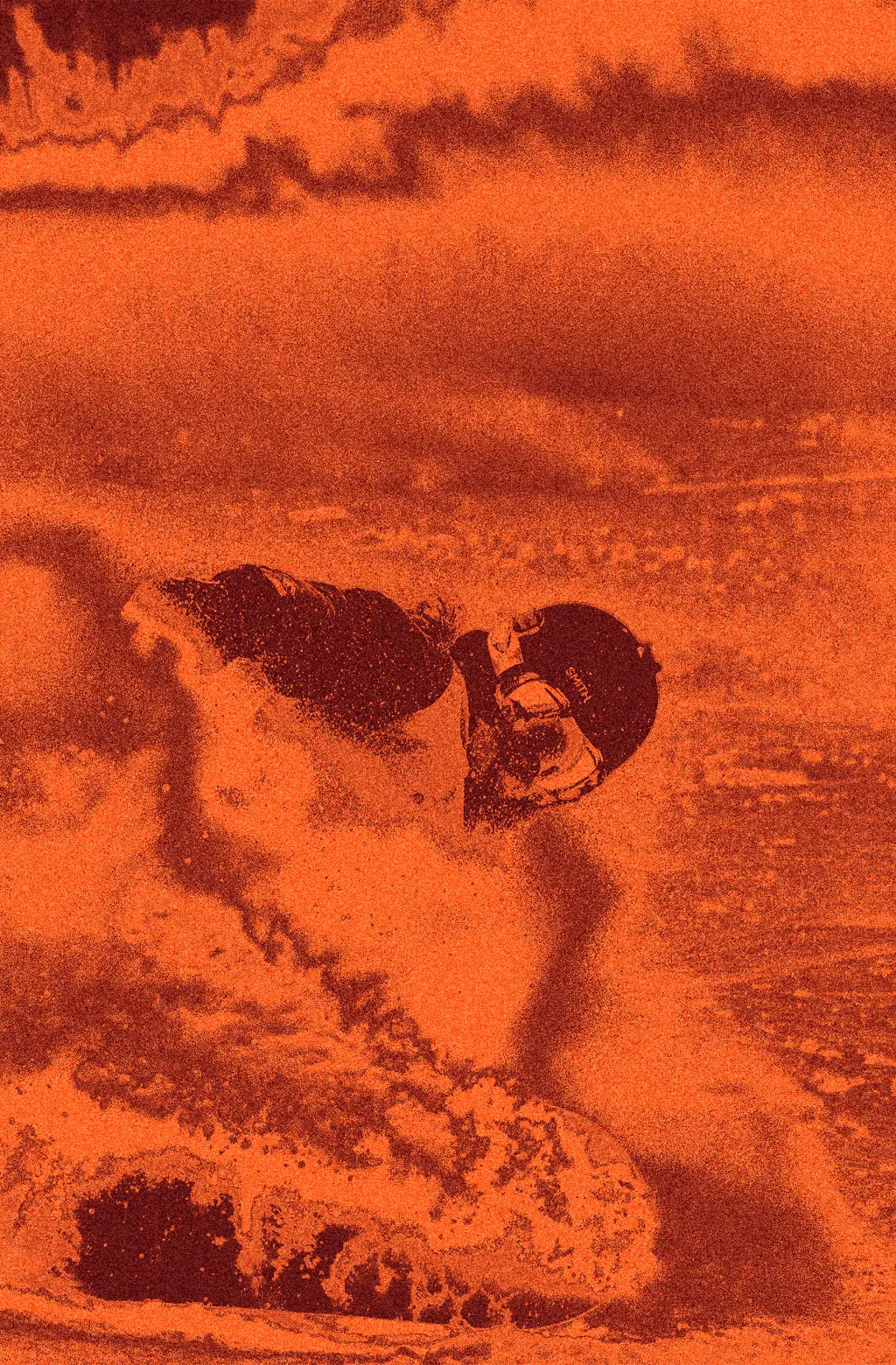 Textured red photograph of an snowboarder in mid-movement.