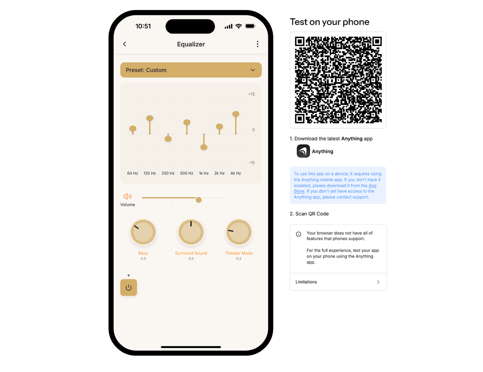 Screenshot of a phone showing the "Equalizer" settings with volume control and a QR code to download the app.