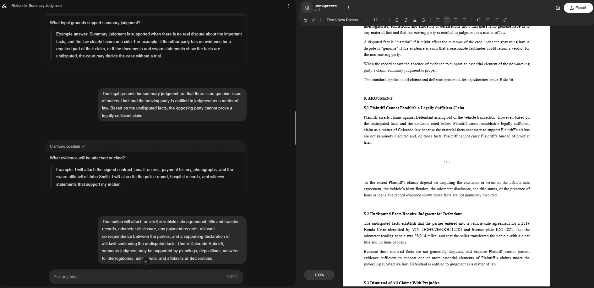 Split-screen interface showing an AI Lawyer drafting tool preparing a motion for summary judgment: the left panel collects grounds and supporting evidence, while the right panel displays a formatted draft arguing that undisputed facts entitle the defendant to judgment as a matter of law.