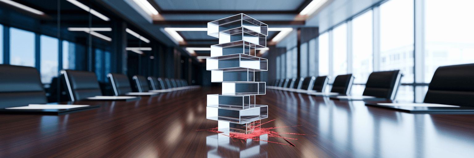 Glass block tower on boardroom table.