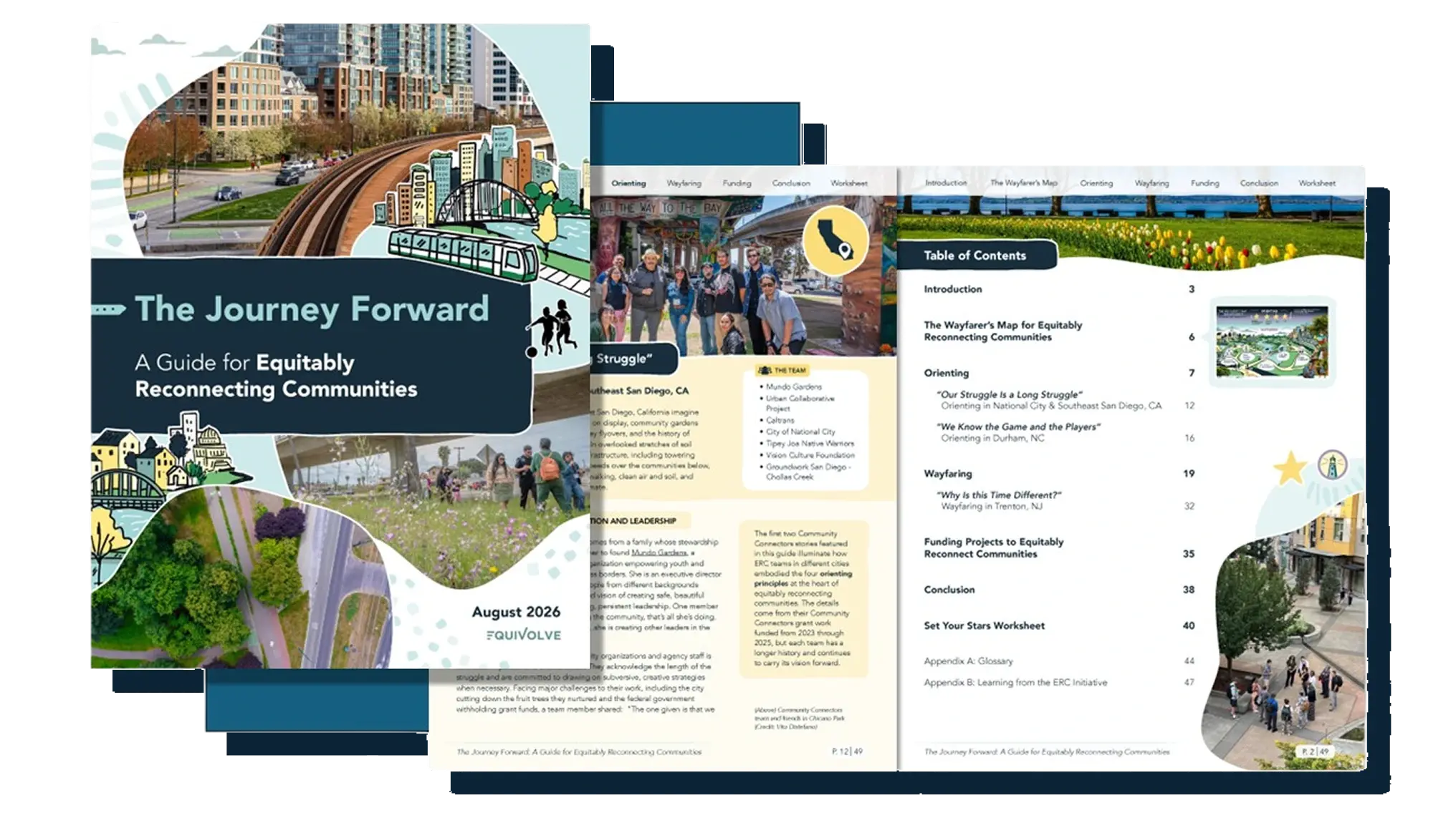 A promotional image showcasing a guide titled "The Journey Forward: A Guide for Equitably Reconnecting Communities," featuring urban landscapes, community activities, and a detailed table of contents emphasizing equity and community engagement.