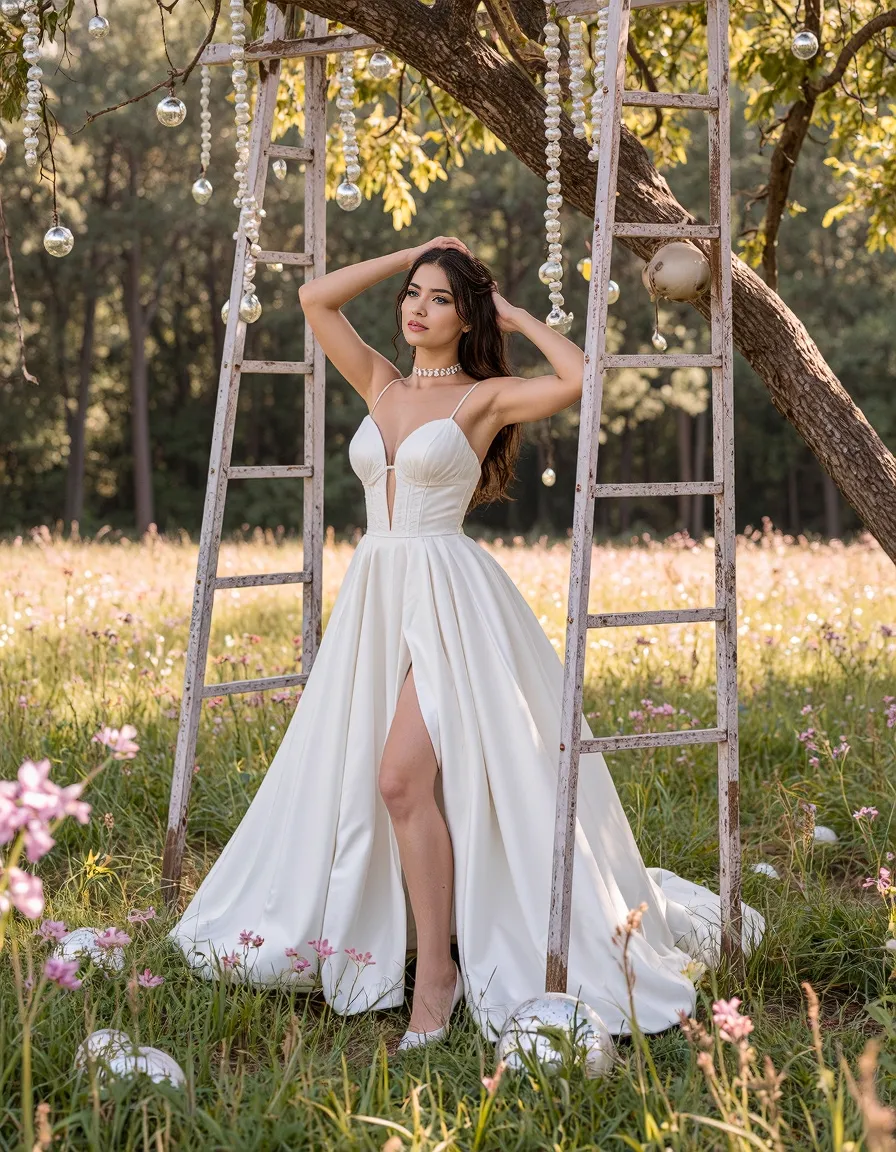 Elegant white wedding gown in wildflower meadow with vintage ladders and hanging glass orbs creating a magical outdoor setting