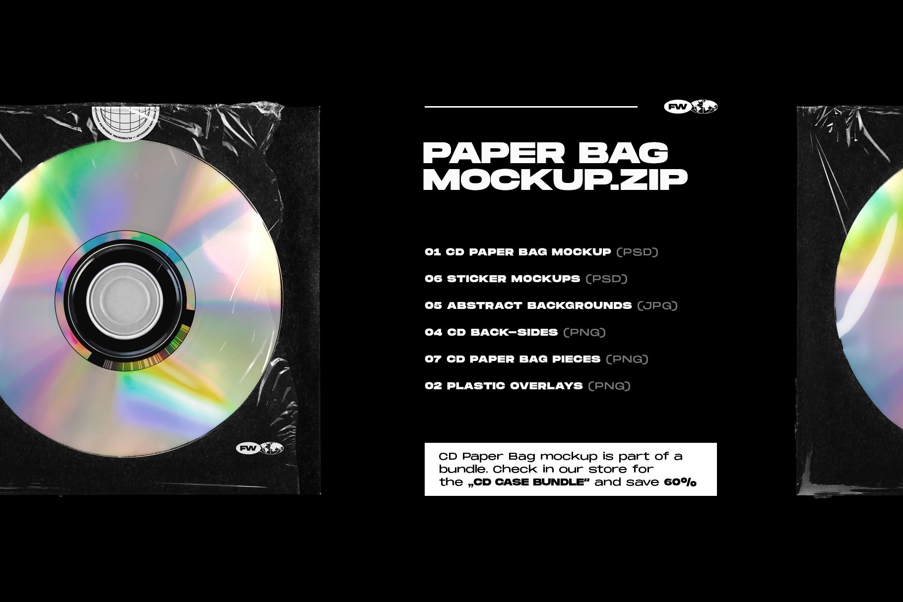CD paper bag mockup package contents including PSD templates backgrounds and overlays