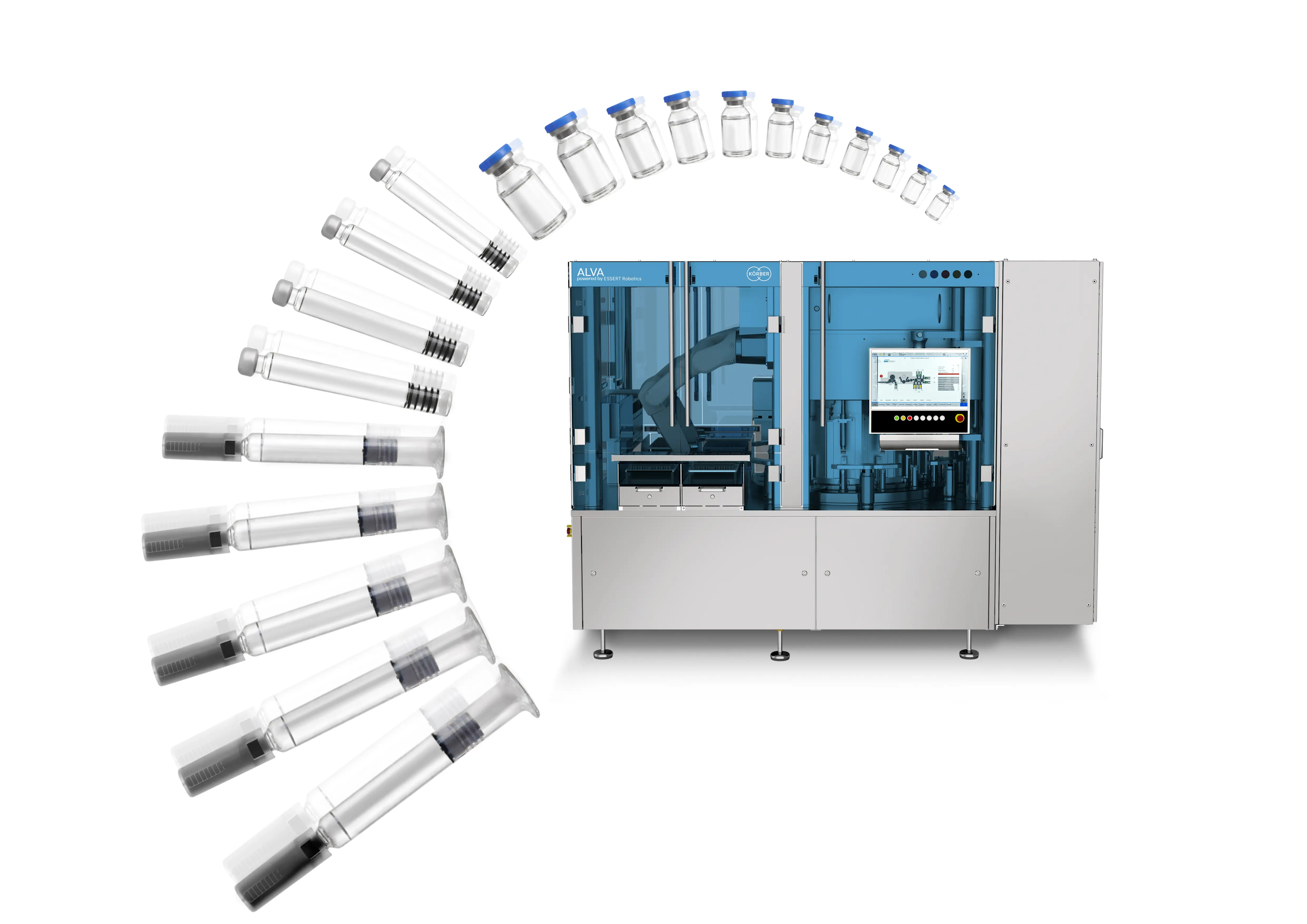 ALVA inspection platform with its three supported container formats - syringes, cartridges, and vials - fanned out beside the cell