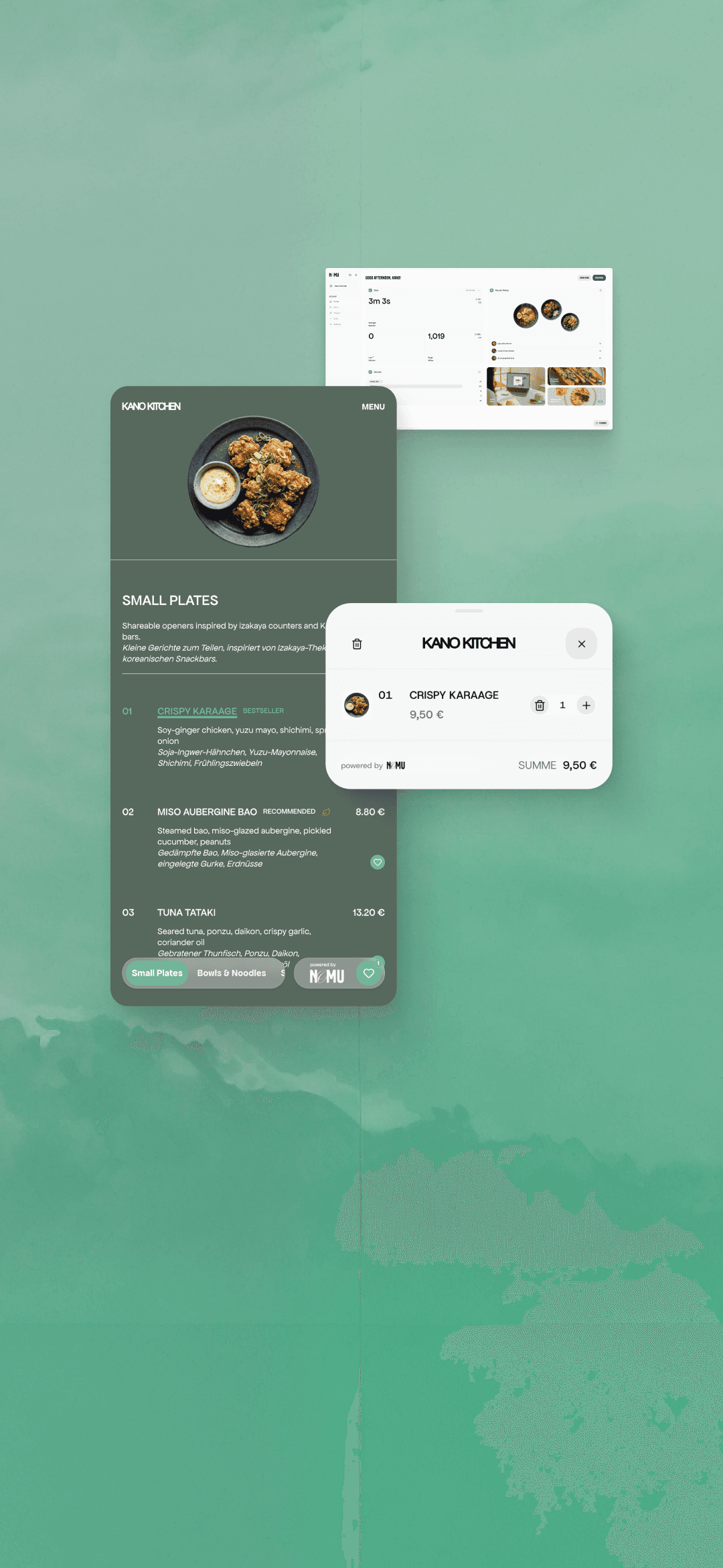 NOMU restaurant menu interfaces displayed on mobile devices.