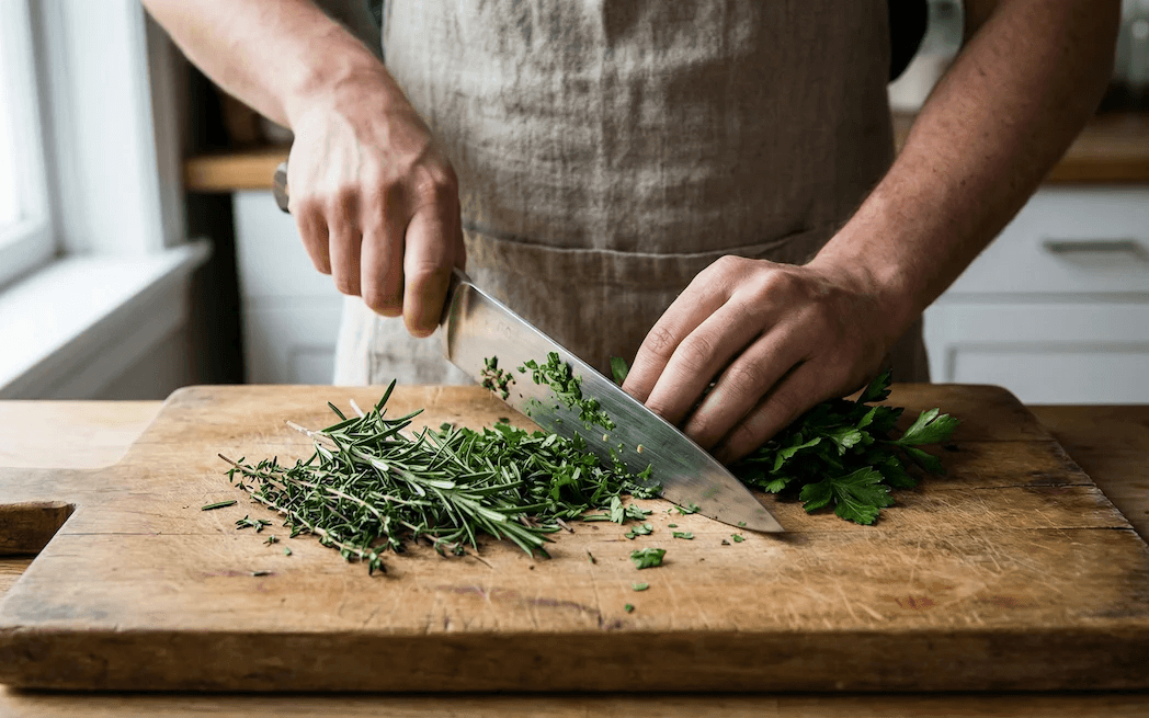 Close-up of a person cutting fresh green herbs with a sharp kitchen knife on a wooden cutting board.