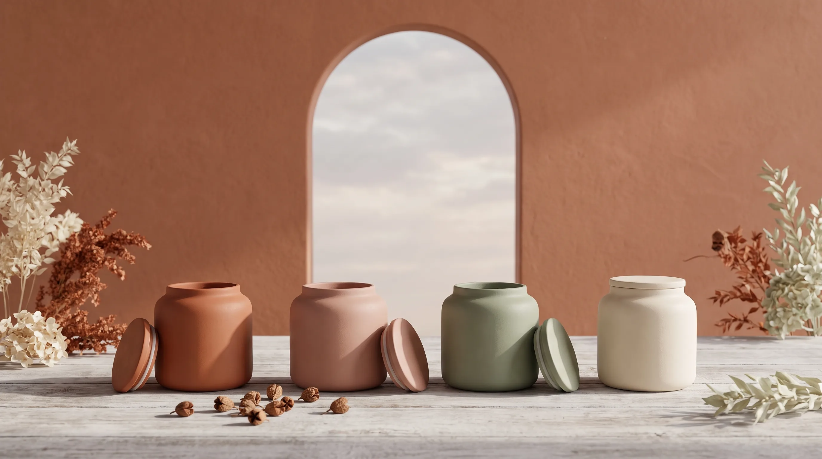 Four clay jars on a wooden table, three standing open with their lids beside them and the fourth still sealed