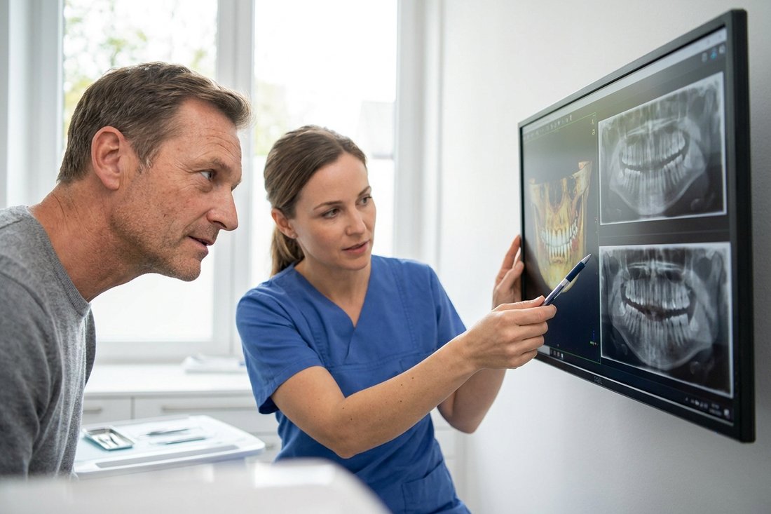Dentist and patient reviewing a jaw x-ray and 3D scan to assess implant candidacy