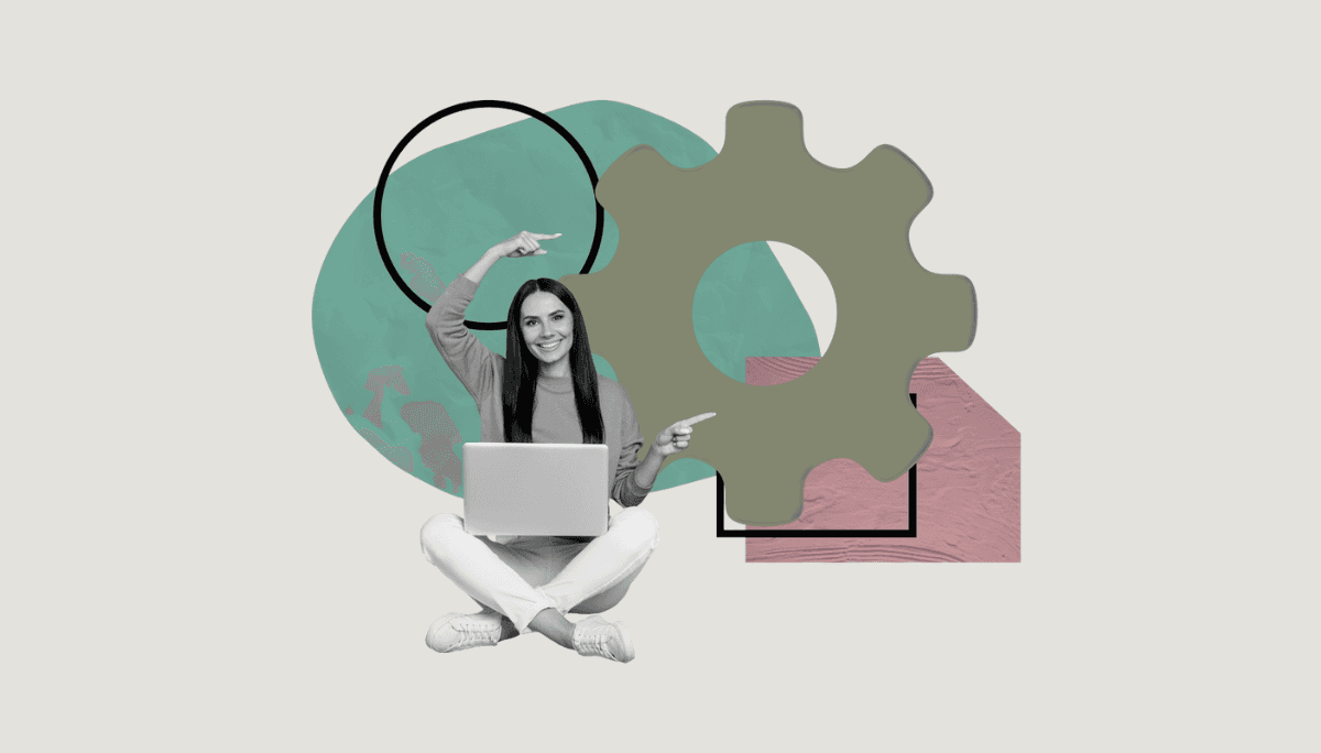 Person with laptop and abstract gear shapes, symbolizing role of member of technical staff.