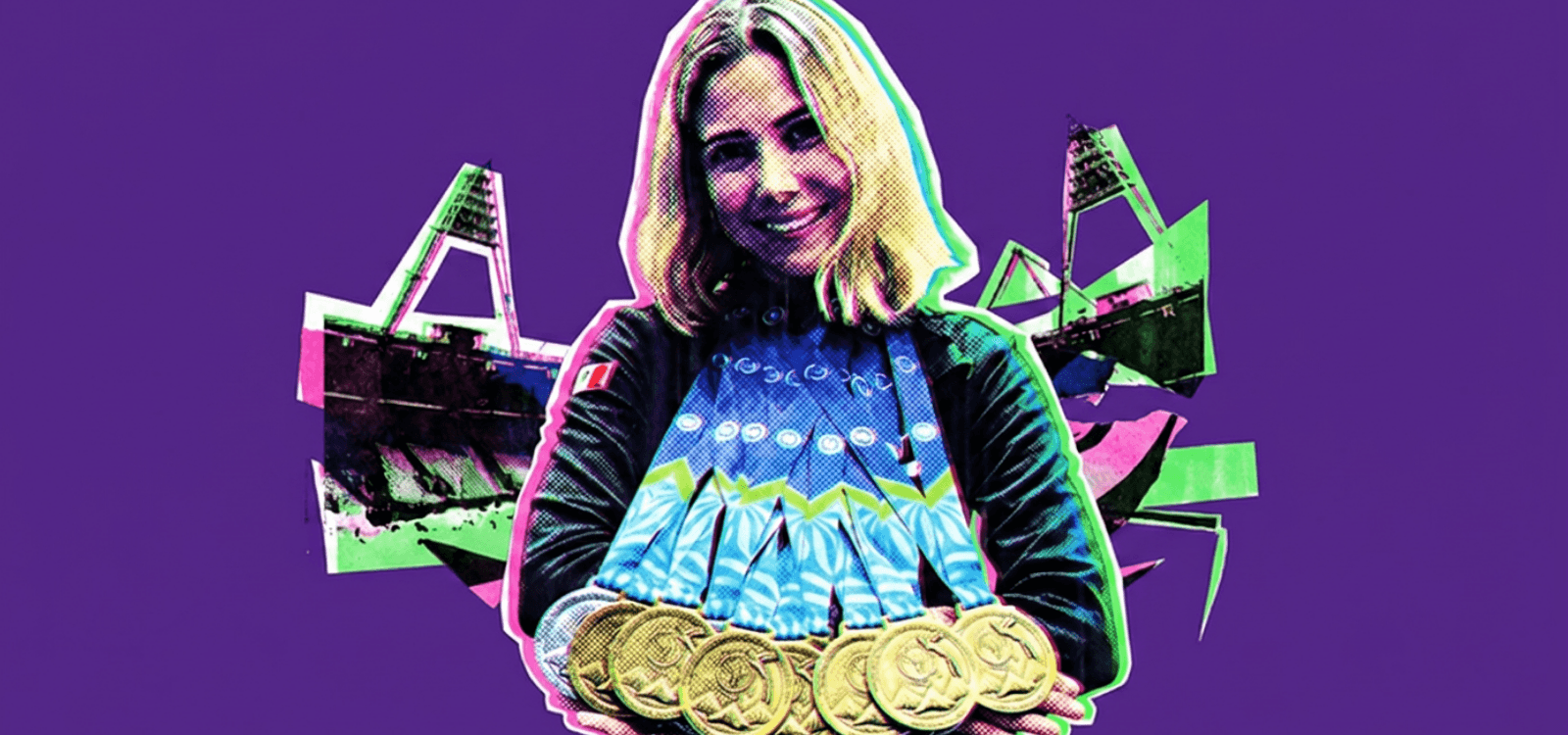 Blajaith Aguilar entrenadora del equipo de gimnasia posa con unas medallas.
