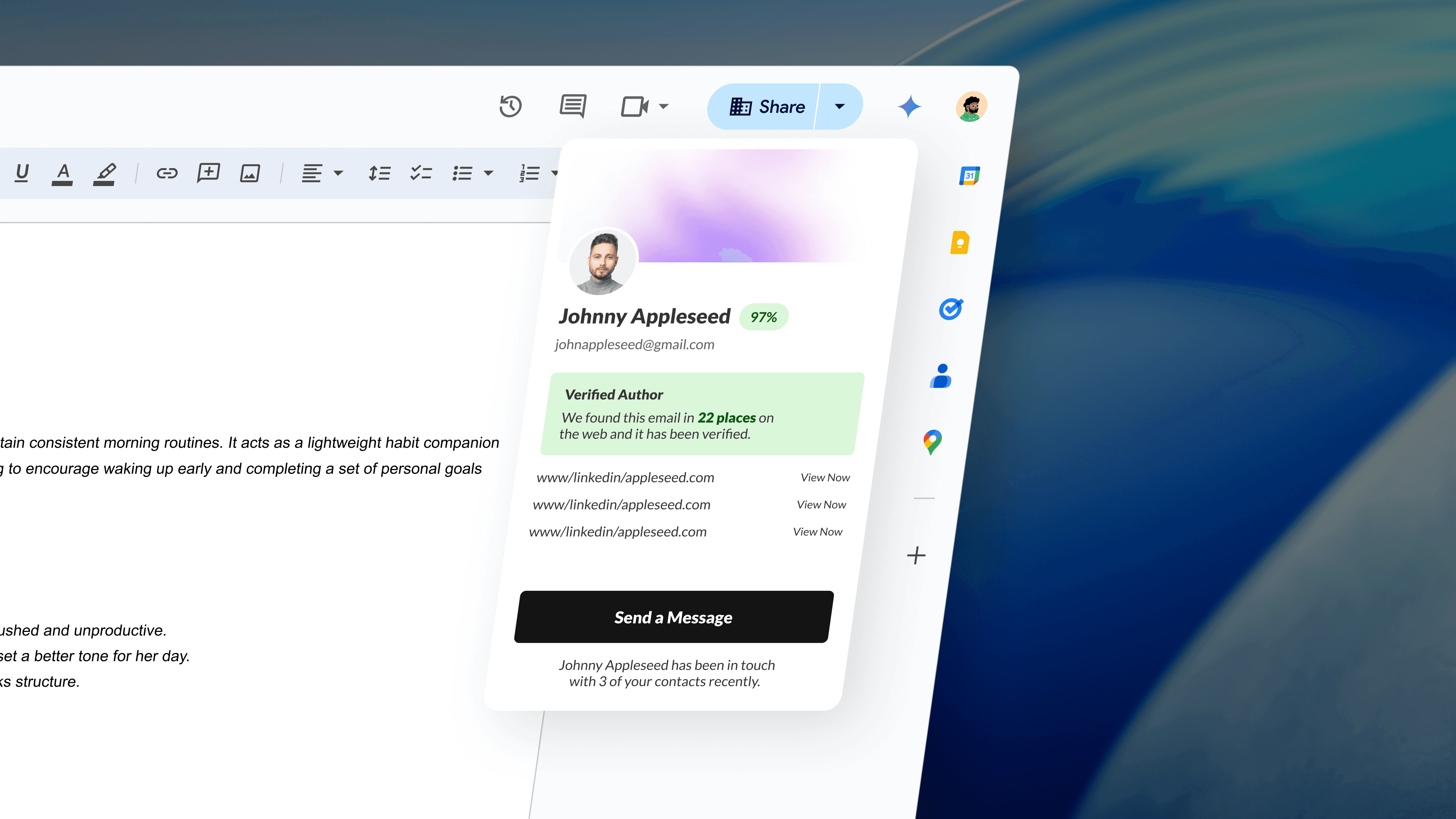 Screenshot of the green pages browser extension with a sidebar profile pop-up displaying contact details for “Johnny Appleseed.” The profile includes a photo, email address, a 97% verification score, and LinkedIn links, confirming Johnny as a verified author with presence on 22 websites. A black “Send a Message” button appears at the bottom.