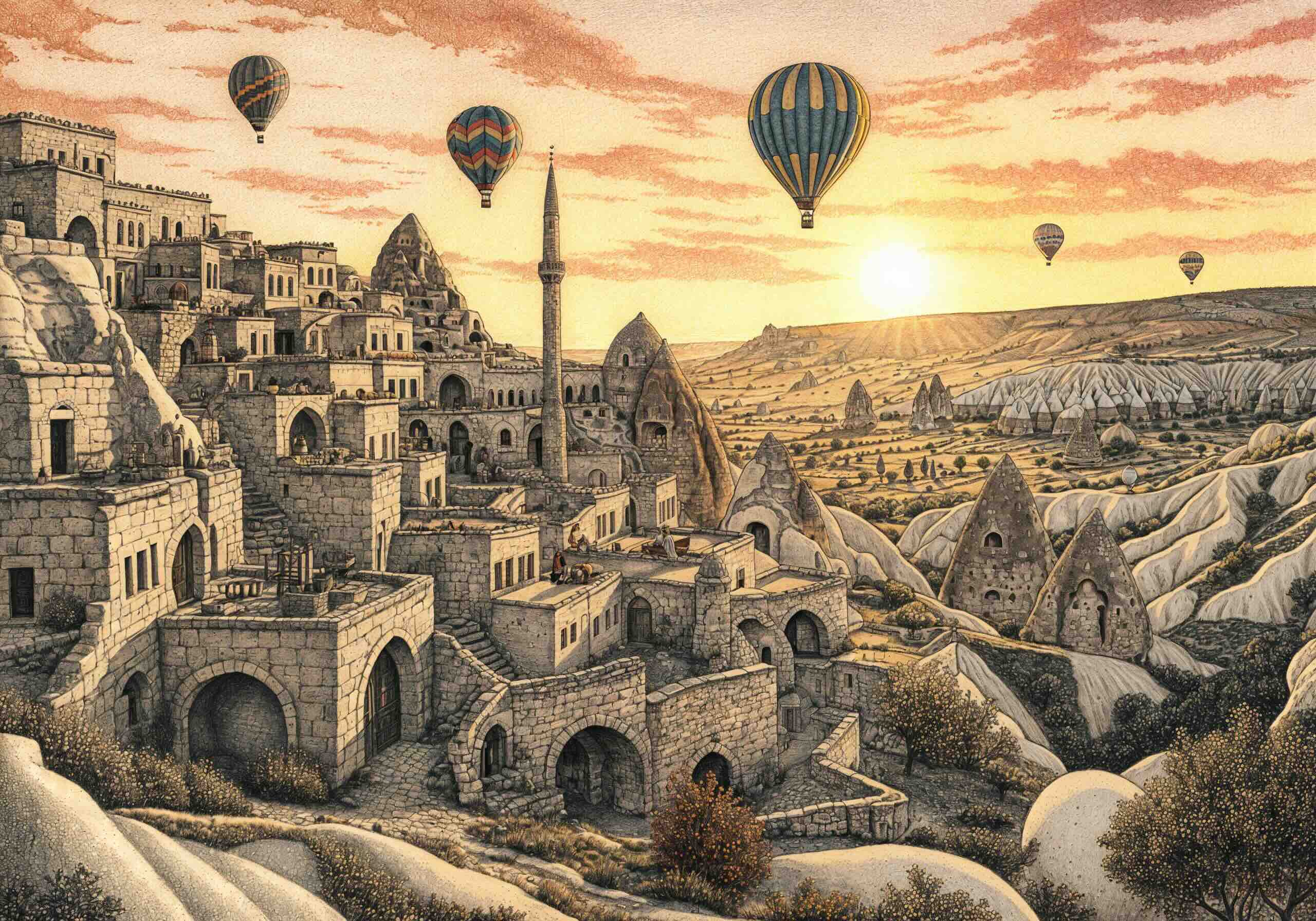 A detailed illustration of Cappadocia, Turkey, featuring ancient stone dwellings, fairy chimneys, and hot air balloons floating over the landscape at sunrise.