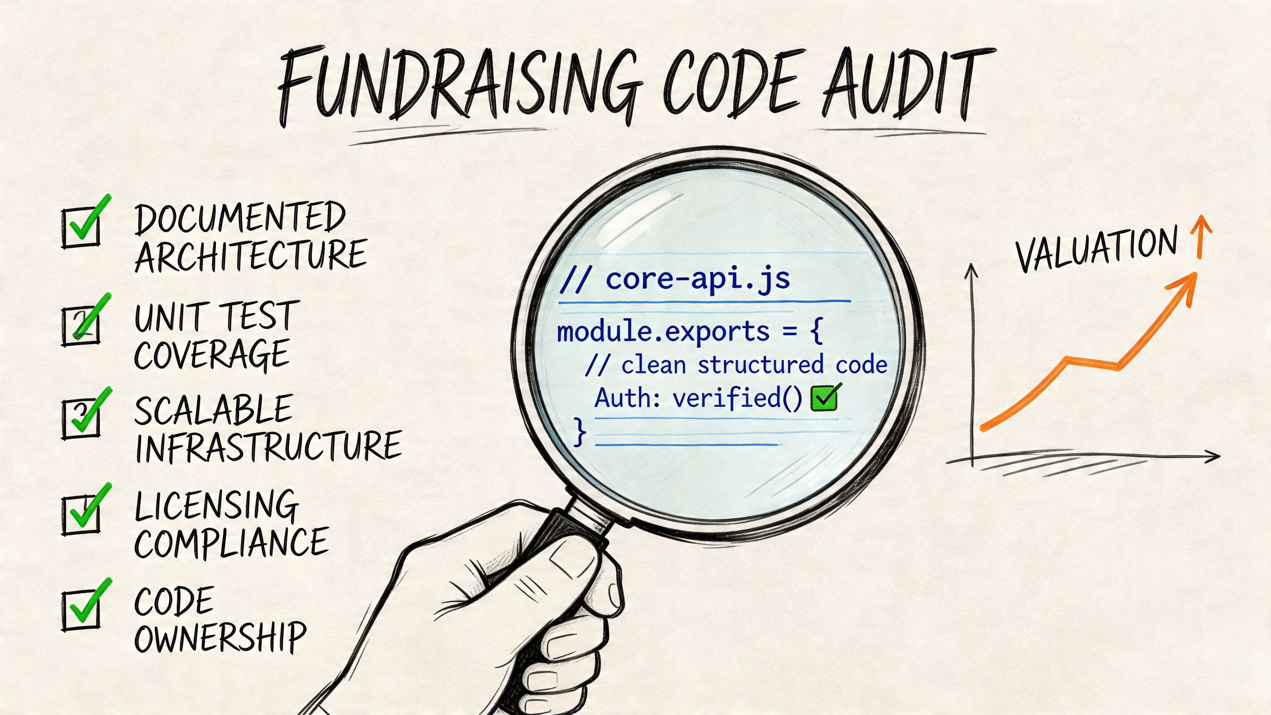 A hand holding a magnifying glass over code, representing a technical due diligence audit for startup fundraising.
