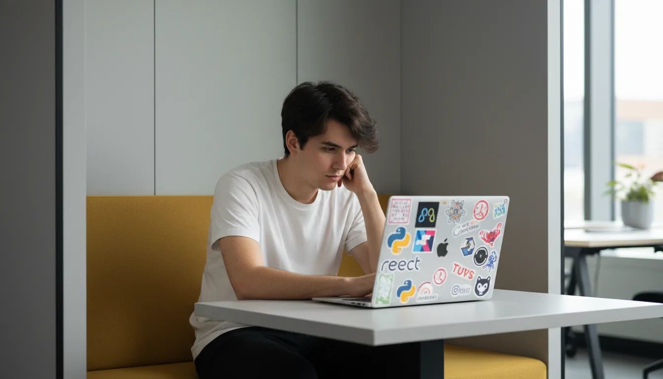 DSLR photograph, medium shot of a young male software developer concentrating intensely in a modern co-working space booth. He has dark, messy hair, wears a plain white t-shirt, and rests his head in his hand as he looks at his laptop screen. The laptop is silver and covered with various colorful tech and coding-related stickers. The private booth has minimalist light gray walls and mustard-yellow fabric seating. Soft, natural daylight from the side illuminates the candid scene. The composition is framed by the walls of the booth, with a shallow depth of field.