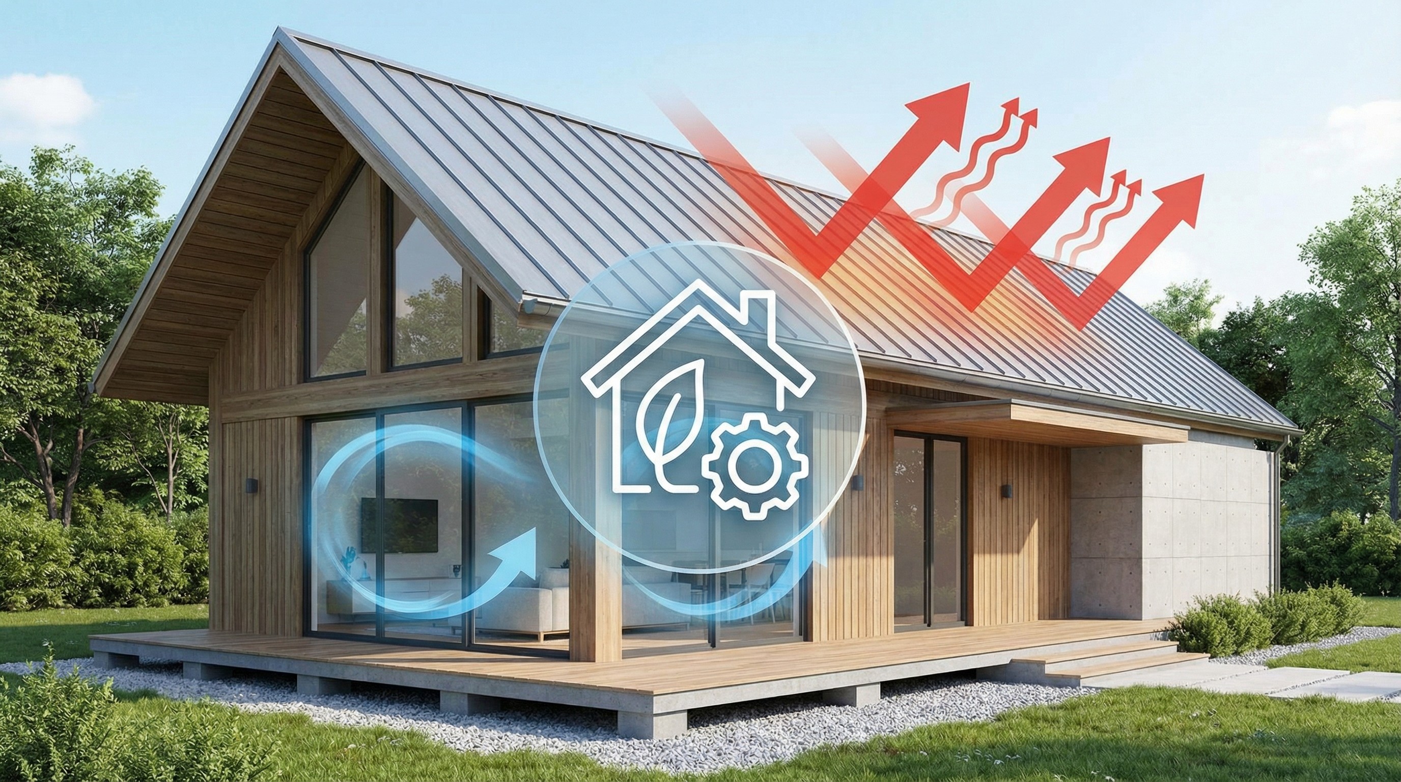 Illustration of how metal roofs reflect solar heat to save on energy costs.