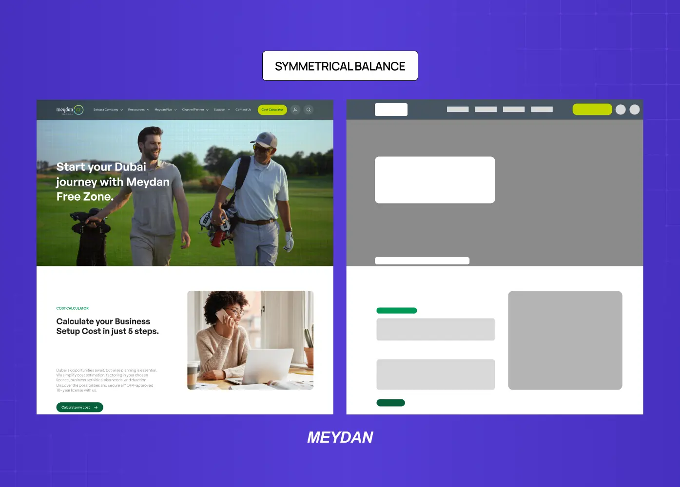 Website layout demonstrating symmetrical balance, where visual elements are evenly distributed across both sides of the page for a structured and stable appearance.