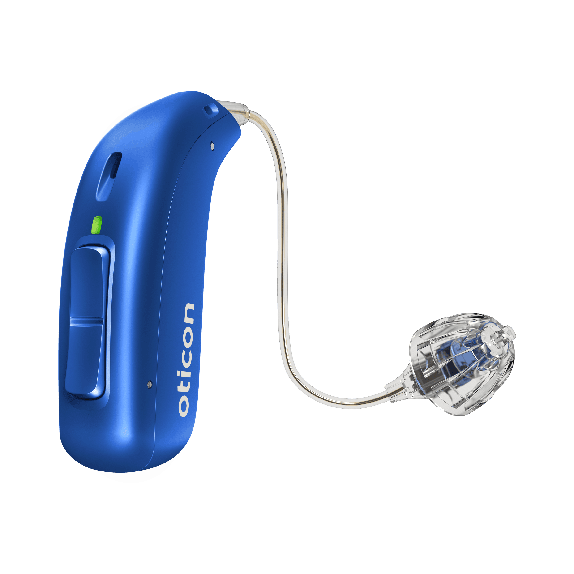 Oticon receiver-in-the-ear (RITE) hearing aid with thin tube and open-fit dome