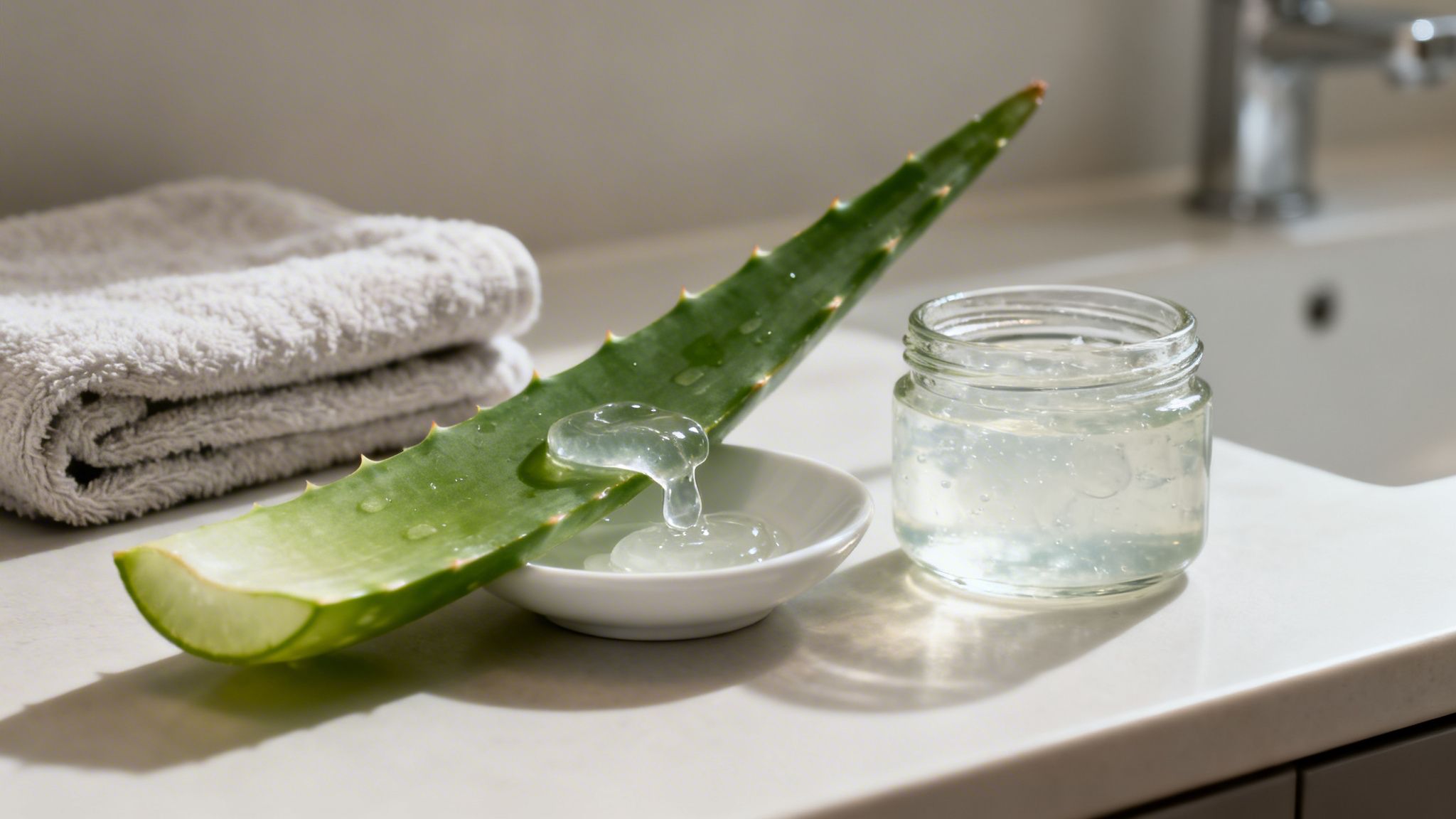 Fresh aloe vera leaf with gel dripping into a dish, next to a jar of gel, on a bathroom counter.