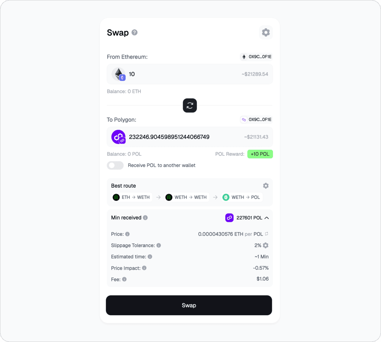 Live Symbiosis app screen — ETH to Polygon PoS bridge route, native POL output, best-route preview with quote.