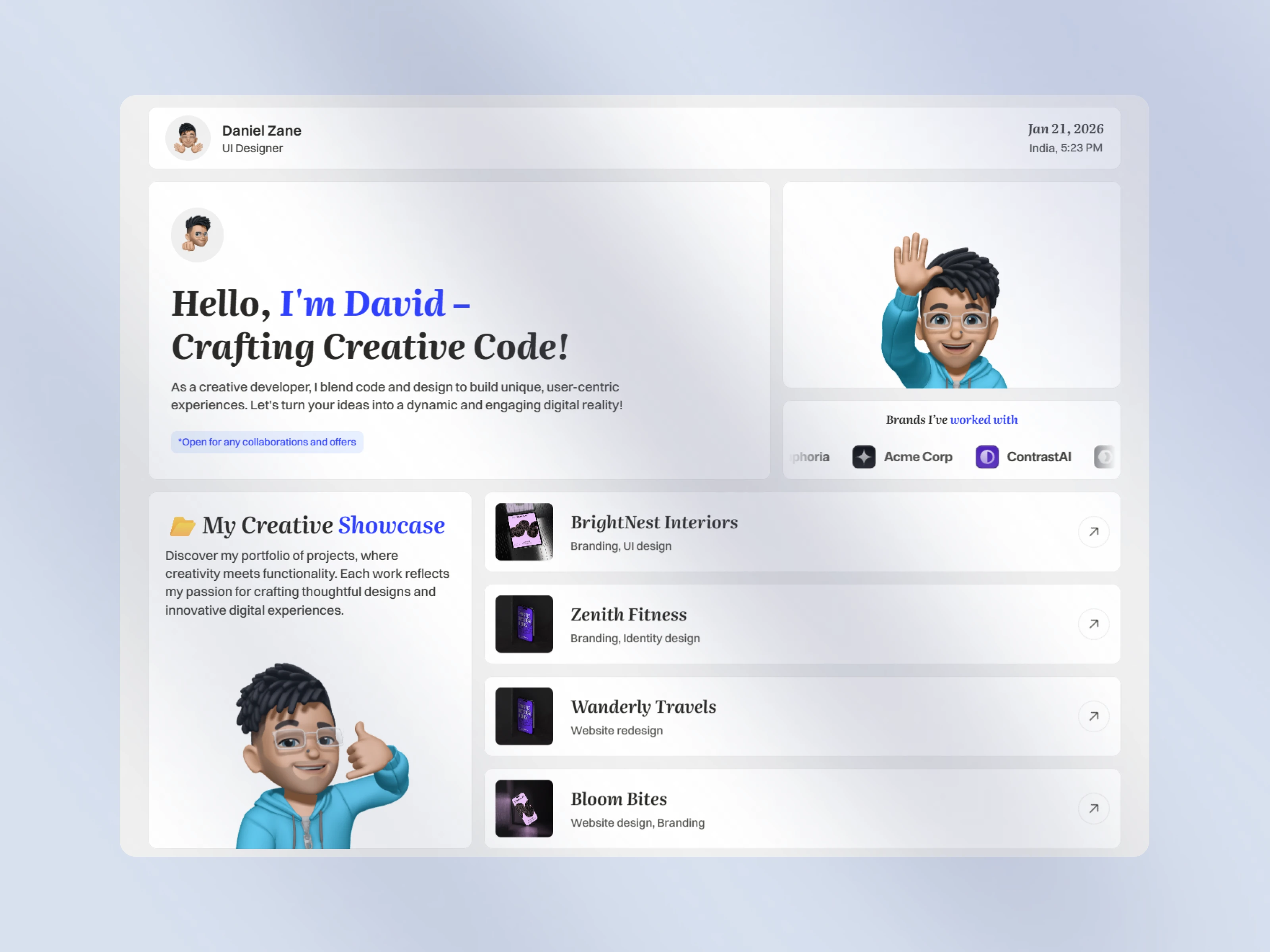 Creative developer portfolio with 3D avatar, brand logos, and project showcase list