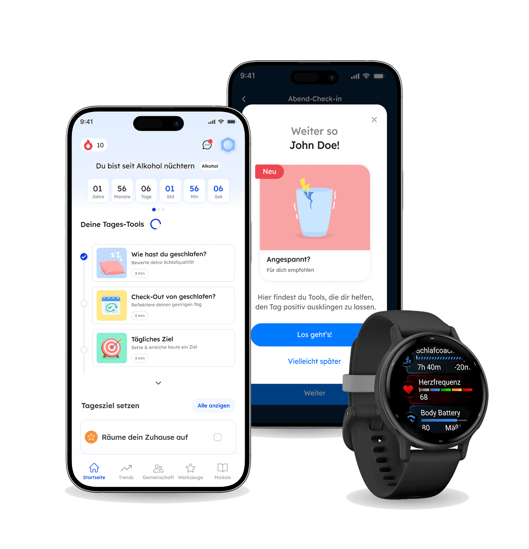 The image shows two smartphones and a smartwatch displaying an app interface with vibrant colors, featuring motivational messages, progress tracking, and health-focused icons, highlighting digital wellness, fitness and recovery tracking.