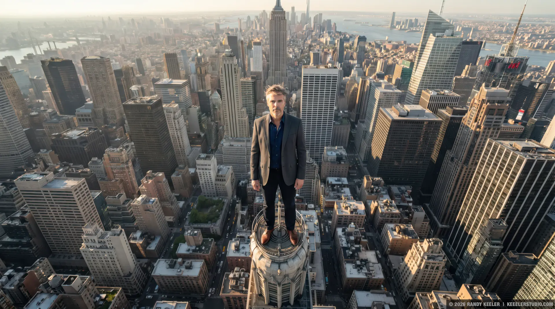 Man on pinnacle of building`