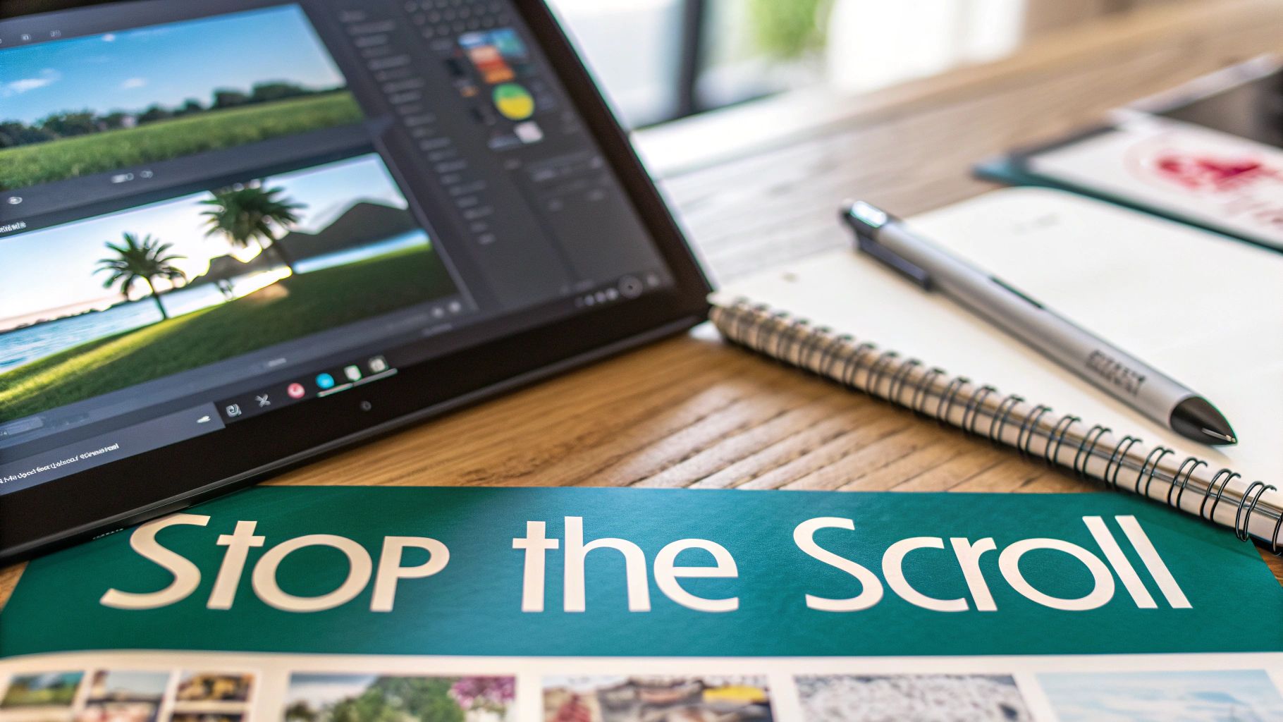 A laptop displaying nature images, with a notebook, pen, and 'STOP the Scroll' text.