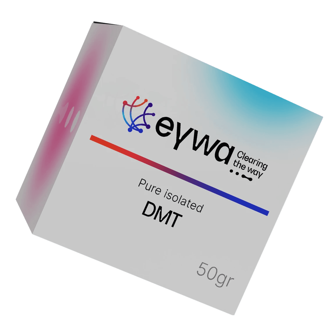 A 3D-rendered white box labeled "eywa," containing "Pure Isolated DMT", with a blue and red gradient design.