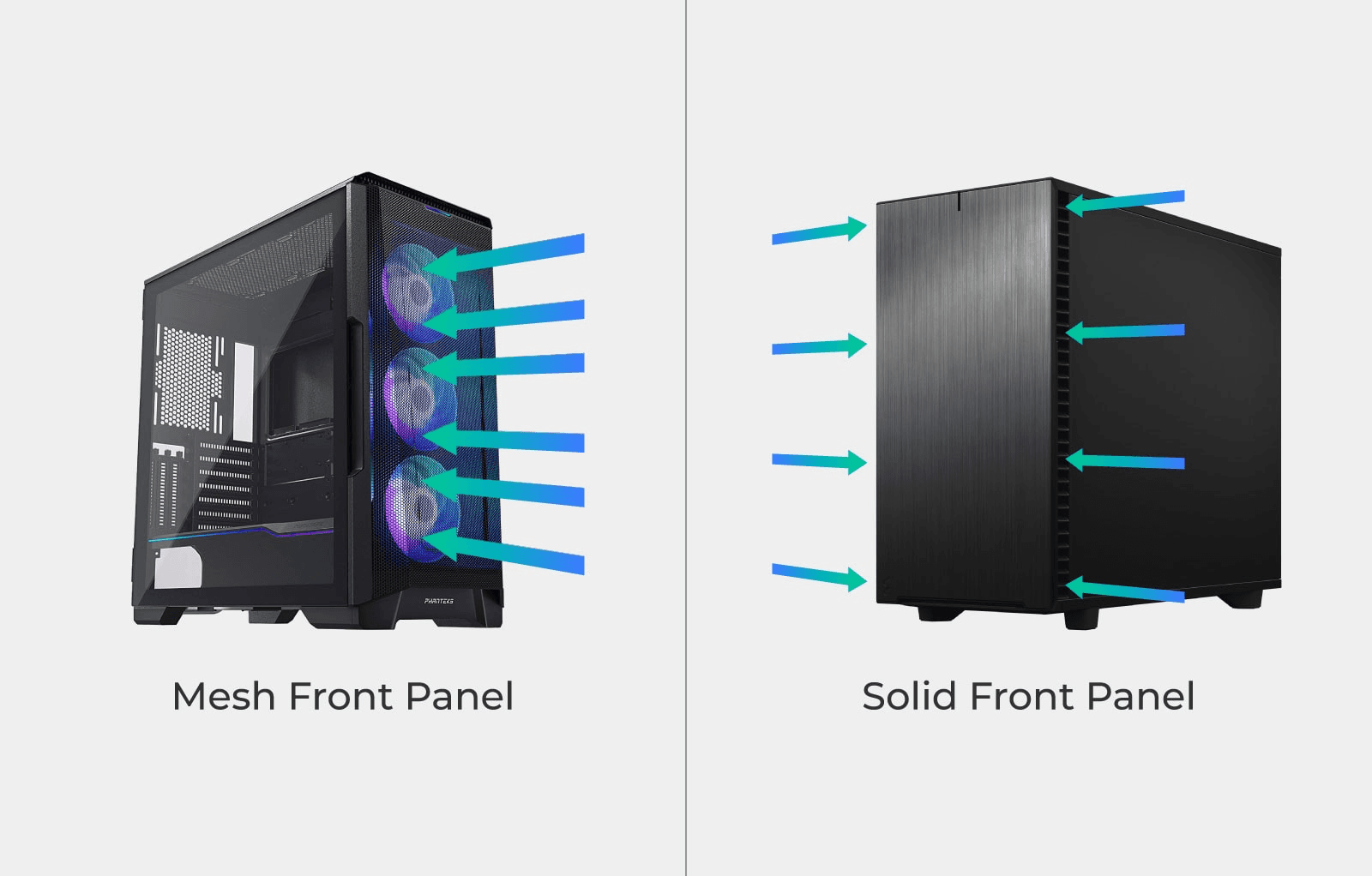 Comparison of airflow in two PC cases: one with a mesh front panel allowing better ventilation, and another with a solid front panel restricting airflow.