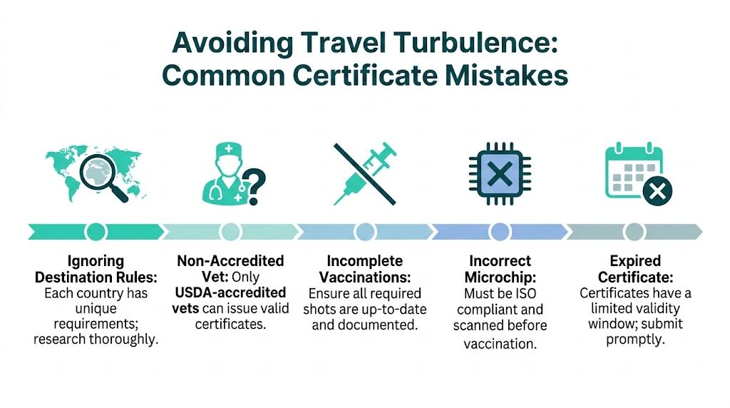 An infographic detailing five common mistakes to avoid when getting pet health certificates for international travel.