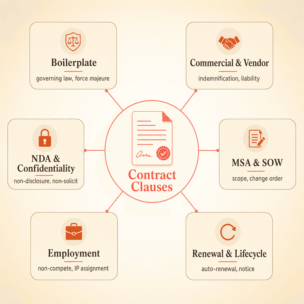 Six categories of contract clauses: boilerplate, commercial and vendor, NDA and confidentiality, MSA and SOW, employment, and renewal and lifecycle.