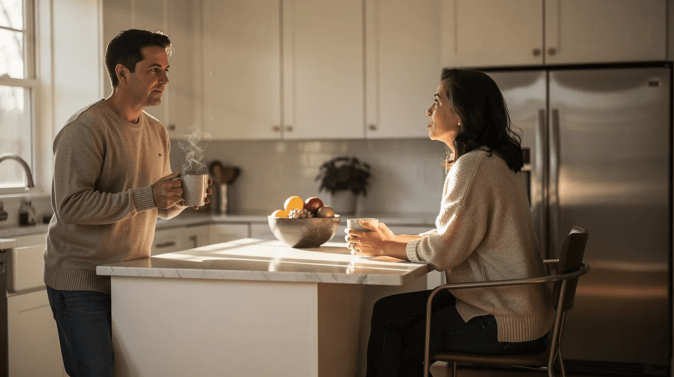 The image depicts two family members engaged in a calm conversation at a kitchen counter, discussing important topics such as managing expectations and setting clear boundaries regarding family money and new wealth. Their relaxed demeanor suggests a supportive dialogue about future generations and family dynamics.