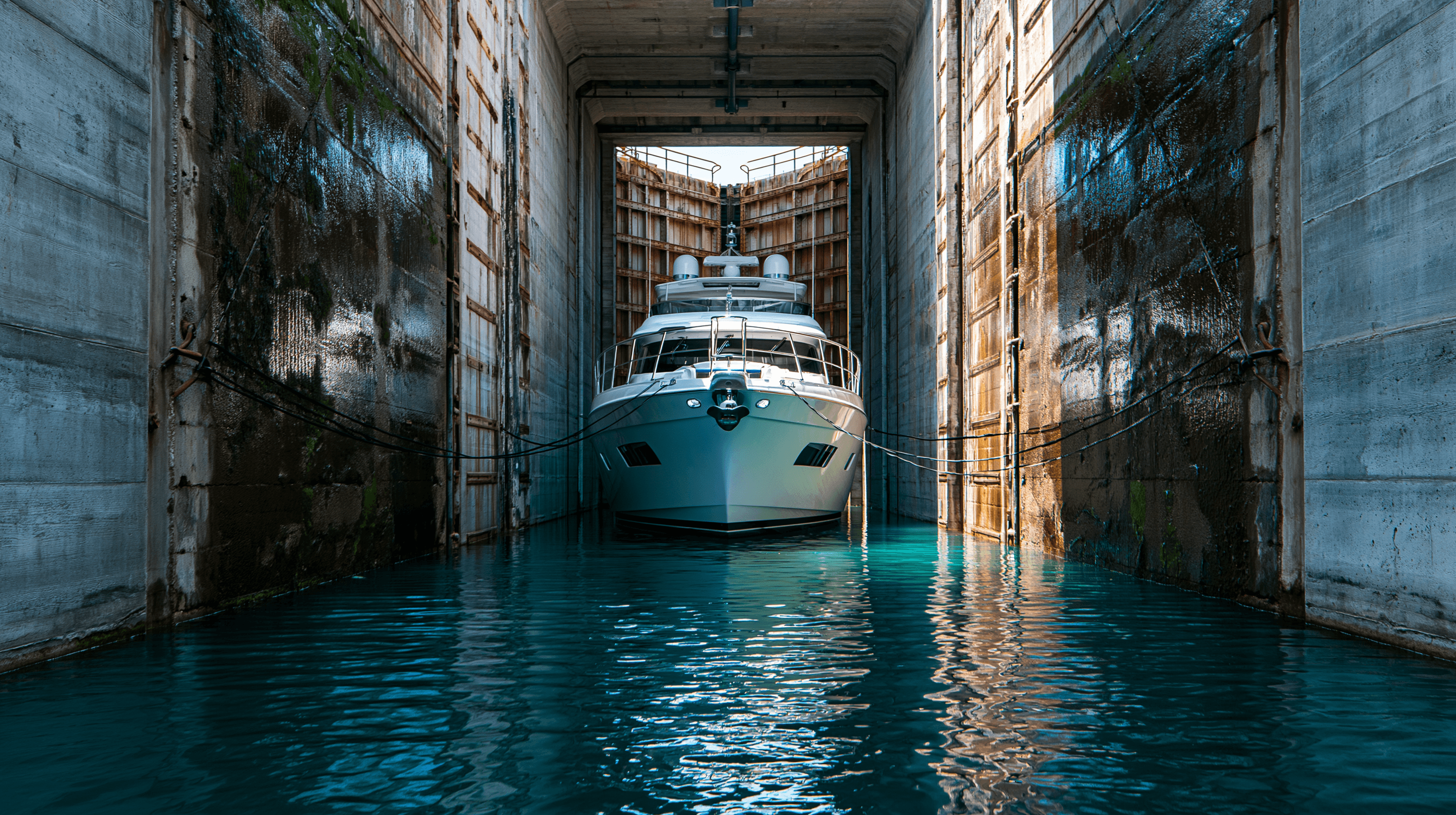 Yacht going through a canal.