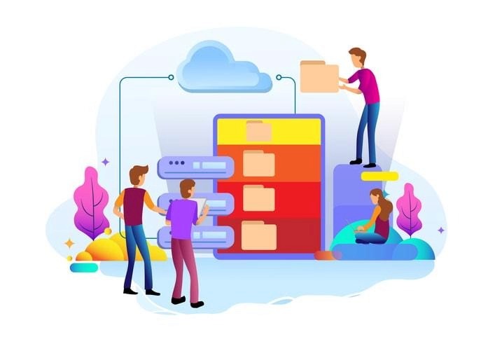 Illustration of people interacting with a large digital storage system filled with colorful folders.
