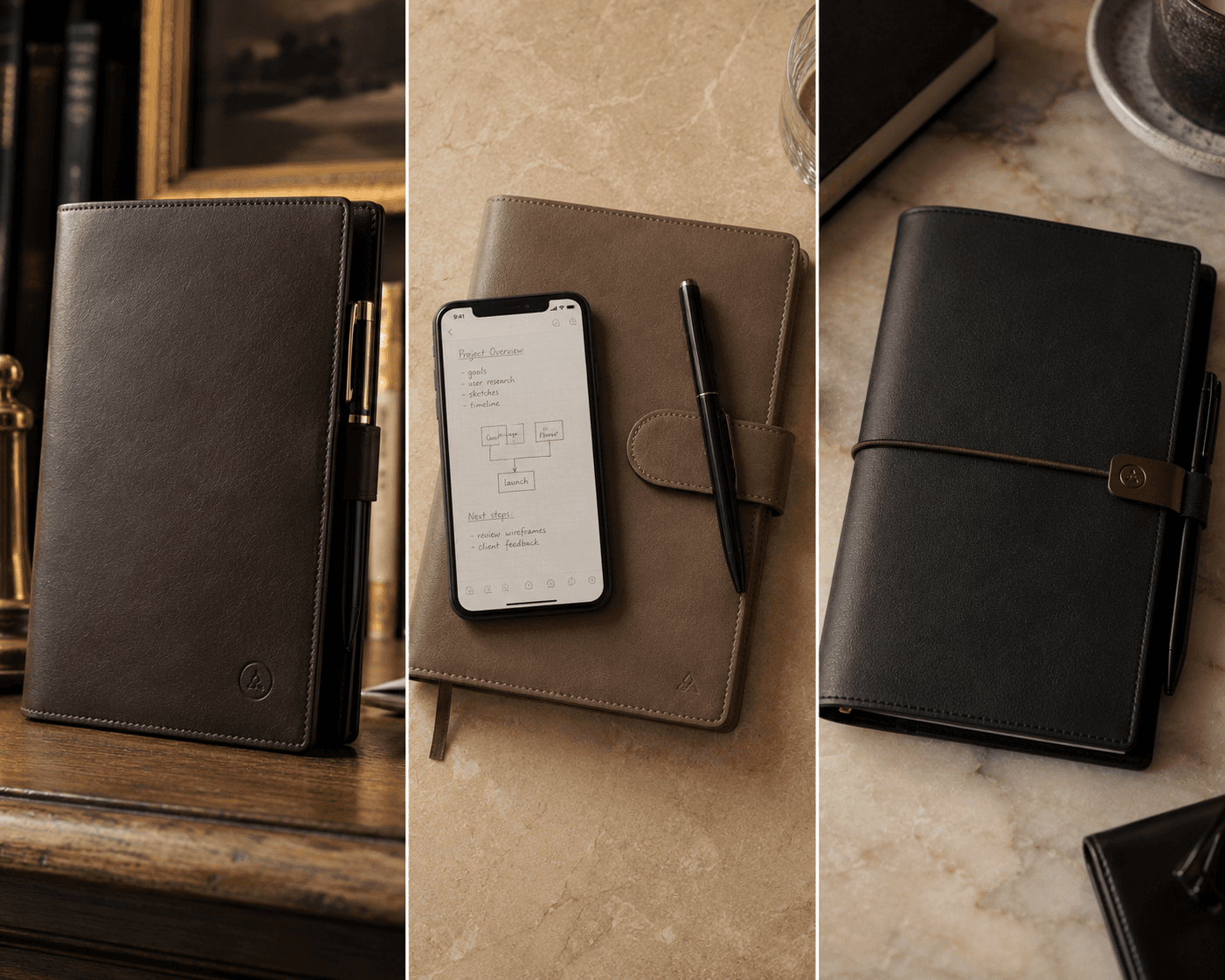 A three-panel collage displaying luxury leather journals in different settings. The left panel shows a dark brown leather folio standing upright on a polished dark wood surface with a pen tucked into its loop. The center panel features a taupe leather journal laying flat on a beige marble desk alongside a smartphone displaying project notes and a black pen. The right panel displays a sleek black leather notebook secured with an elastic closure band resting on a light marble countertop.
