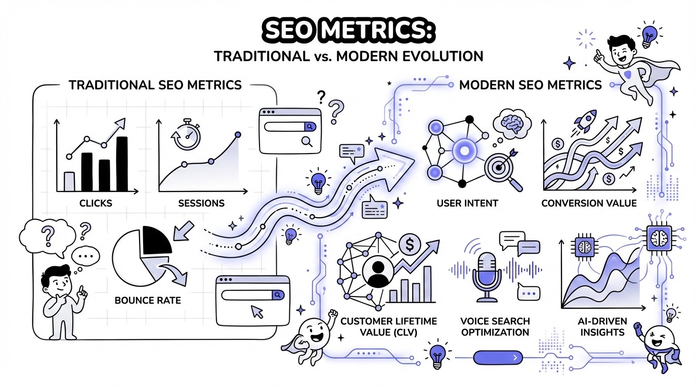 An infographic titled 'Evolution of SEO Metrics' showing a clear shift from left to right. The left side, 'Traditional SEO', displays icons and simple charts for clicks, sessions, and bounce rate in muted colors. The right side, 'Modern SEO', features advanced data visualizations and glowing icons for user intent, conversion value, and AI insights, using vibrant blues, greens, and purples. A central glowing arrow indicates the progression between the two paradigms.