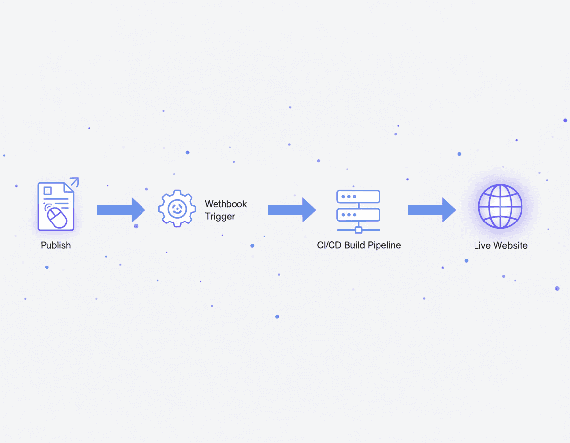 Flow diagram of CMS publish triggering webhook, CI/CD build, and live site deployment