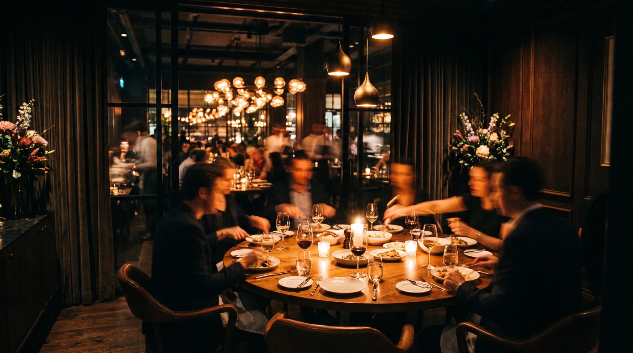 Friends at a dinner party in a private room