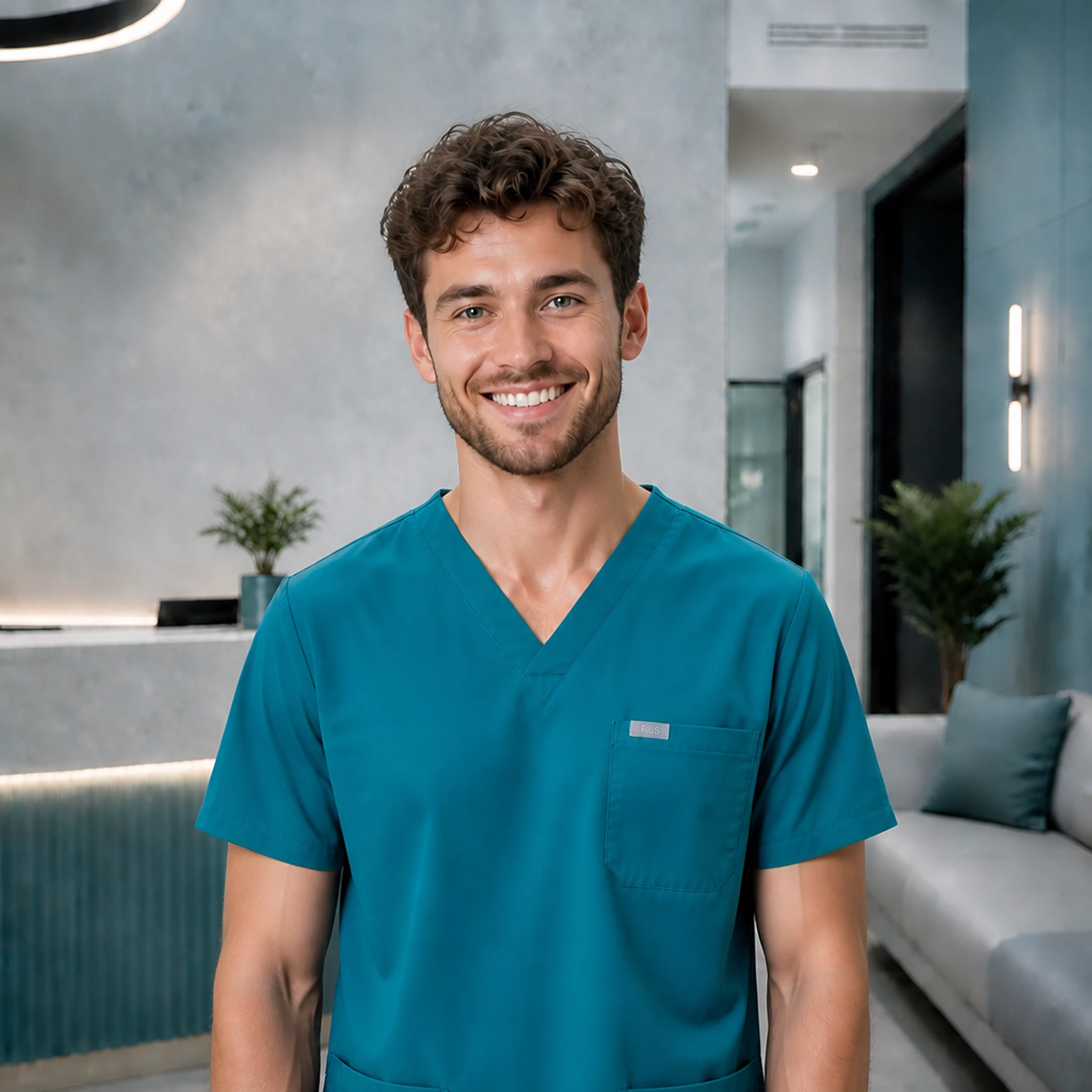 Male healthcare provider standing with arms folded in teal surgical scrubs.