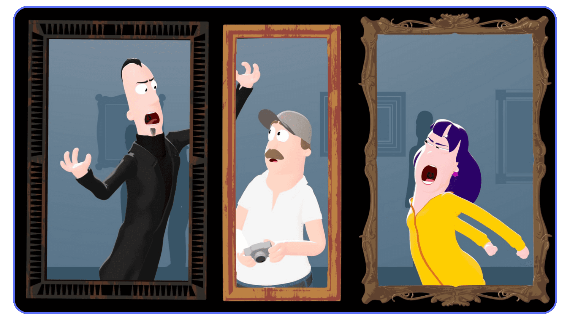 Characters reacting inside framed portraits in Glass Half, a minimalist animated short made with Blender