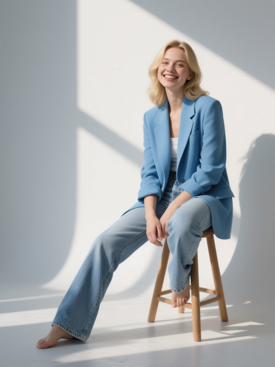 A woman sitting on a chair for studio picture