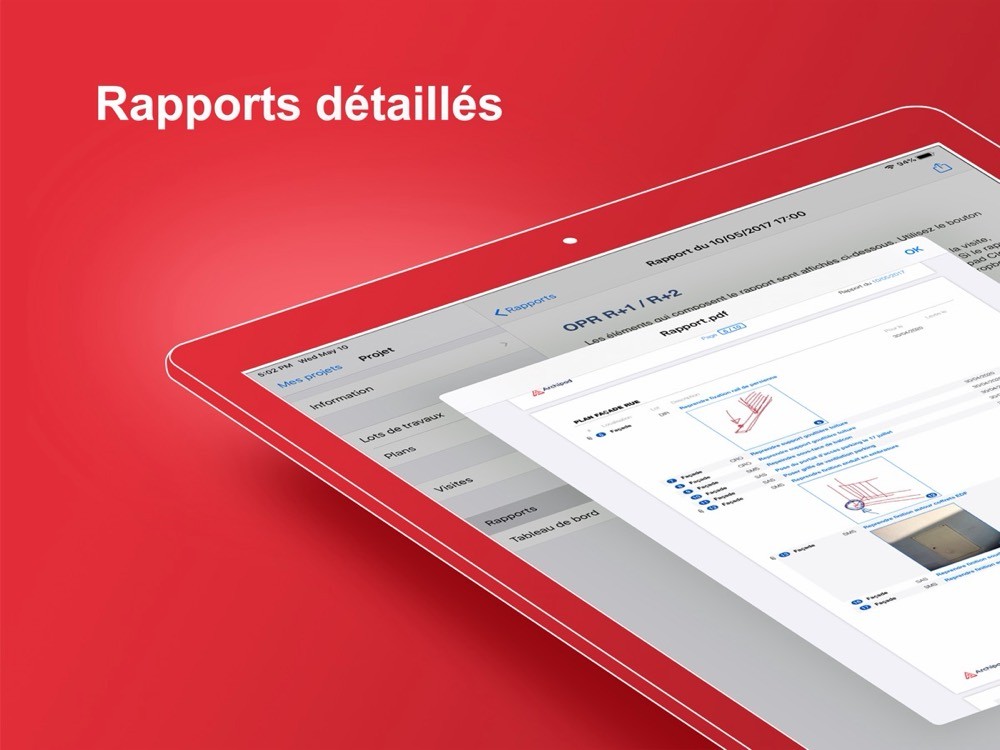 Rapport d'OPR généré sur iPad avec Archipad, avec plans annotés et liste des observations par lot
