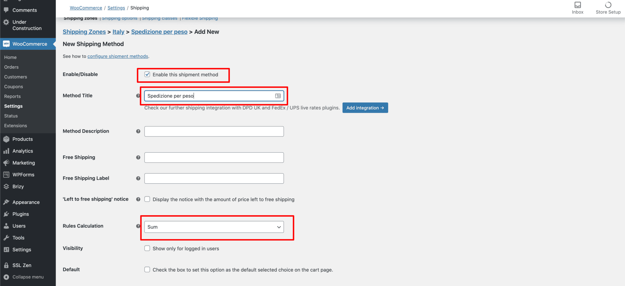 peso - click su enable this method e aggiungere nome