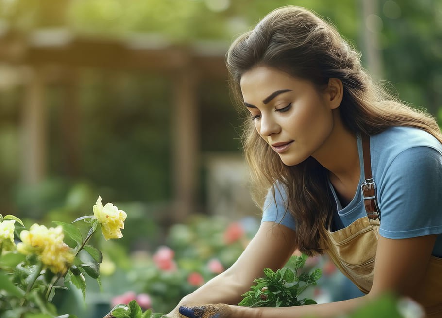 Woman tending yellow flowers