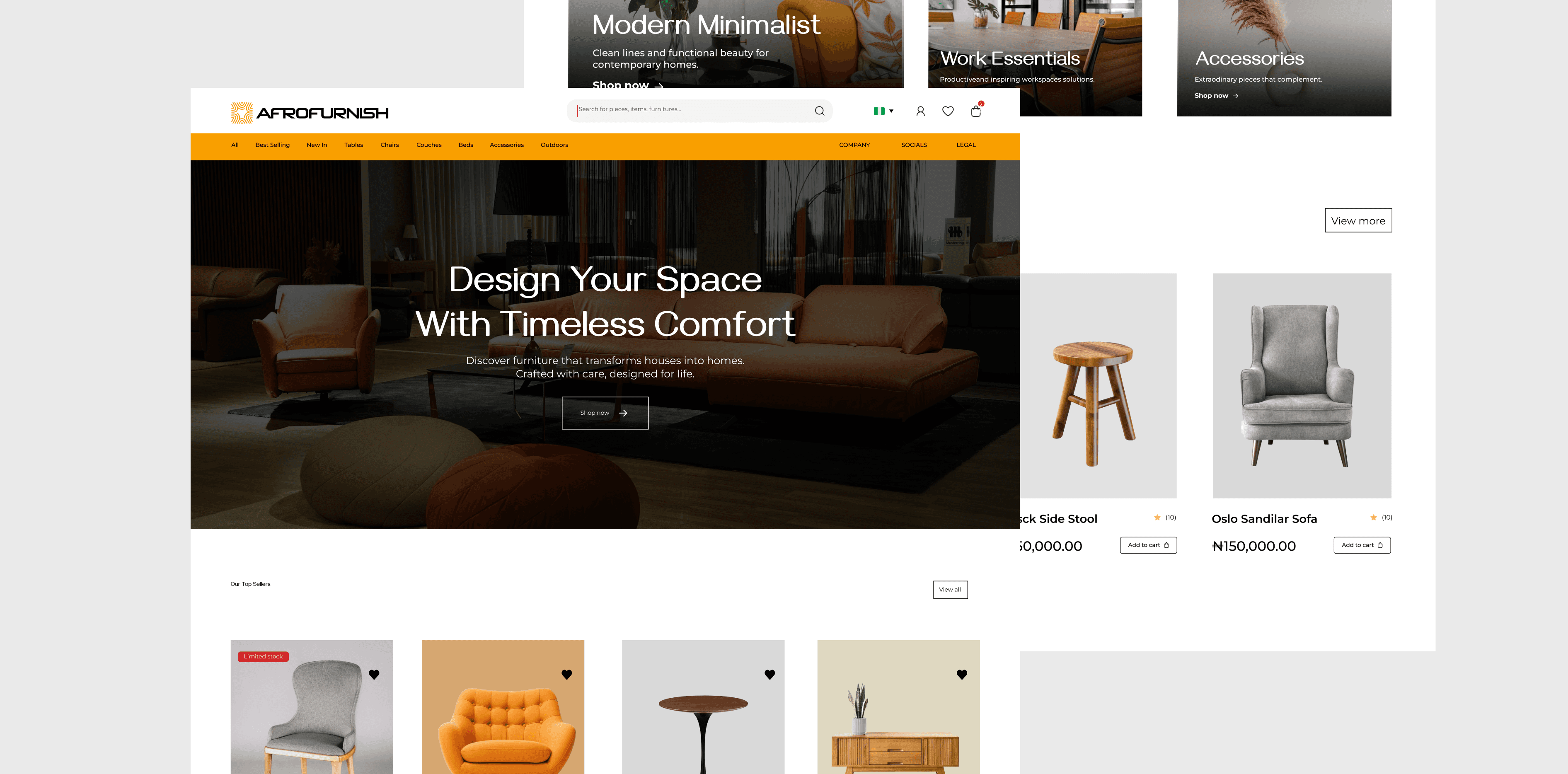 Cards displaying AfroFurnish finished redesigned hompage and 'New Sellers' section with new layout, fresh setup and usability
