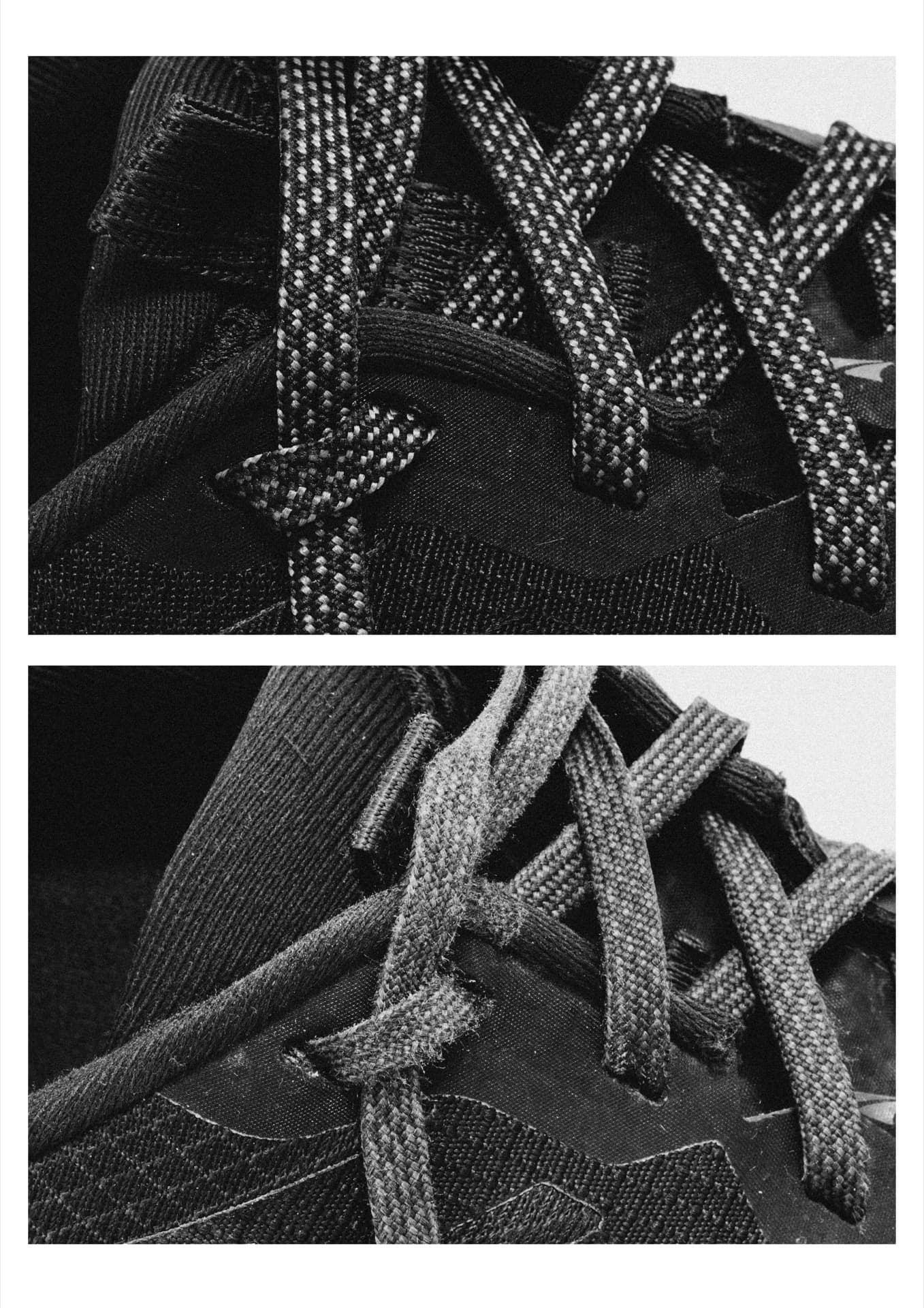 Black and white patterned laces on worn Altra mesh uppers, lower showing frayed threads